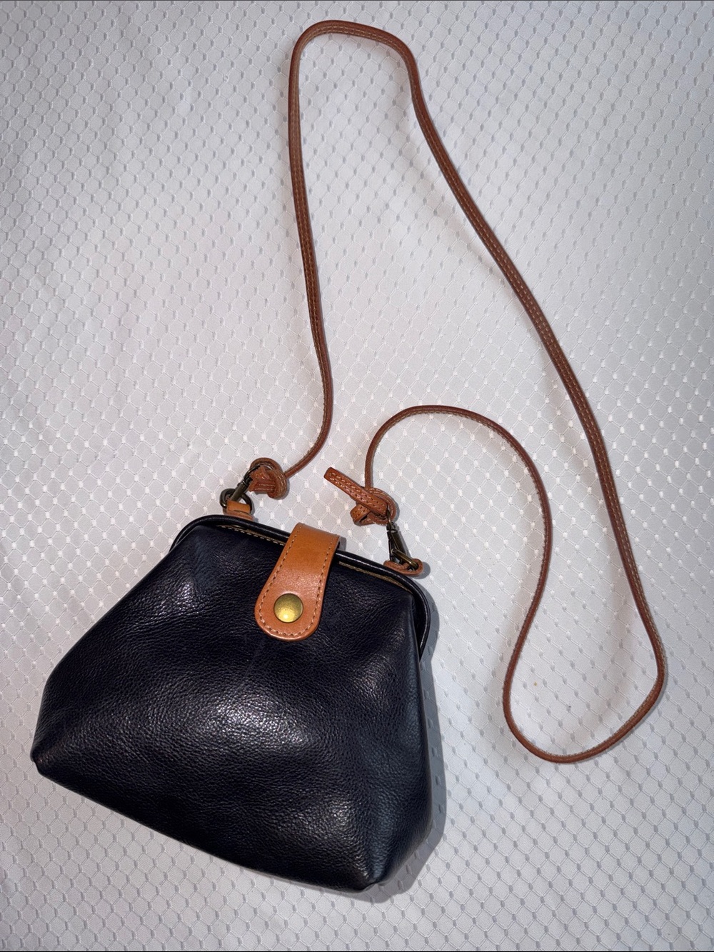 Artisan Black Crossbody Bag with Tan Strap Accent